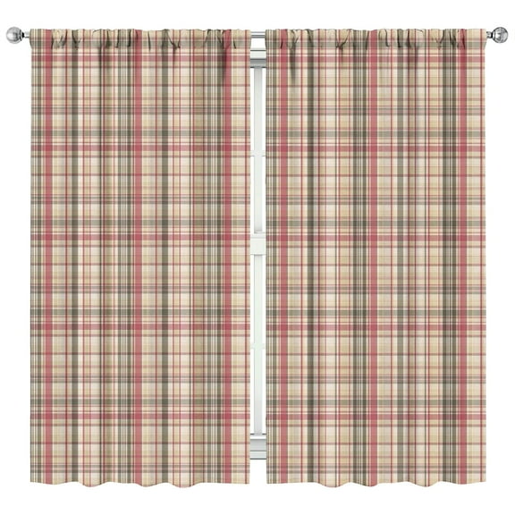 2 PCS Rustic Farmhouse Plaid Print Kitchen Curtains 42x84 Inch Tier Window Panels Rod Pocket Semi-Sheer