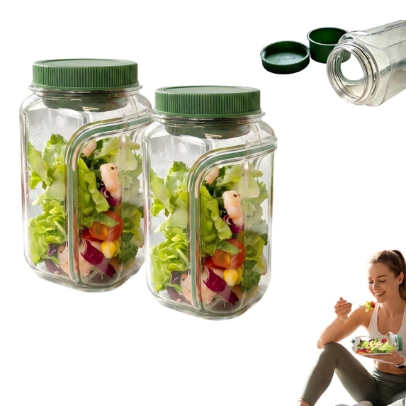 2 PCS Reusable Salad Jar with Side Opening Vegetables Food Storage Jar Green Plastic Leakproof Dressing Container Lid-to-Bowl Design