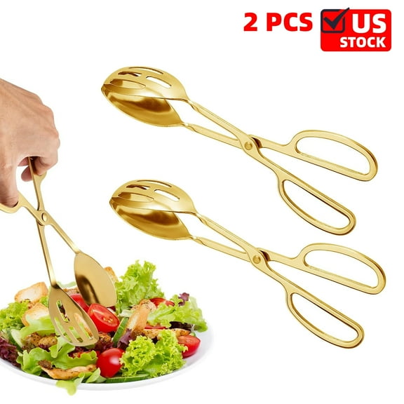 2 PCS Salad Tongs, Buffet Salad Tongs for Kitchen Serving and Cooking, Stainless Steel Food Scissor Tongs, Catering Utensil for Bread Cake Bake Steak Barbecue, Gold