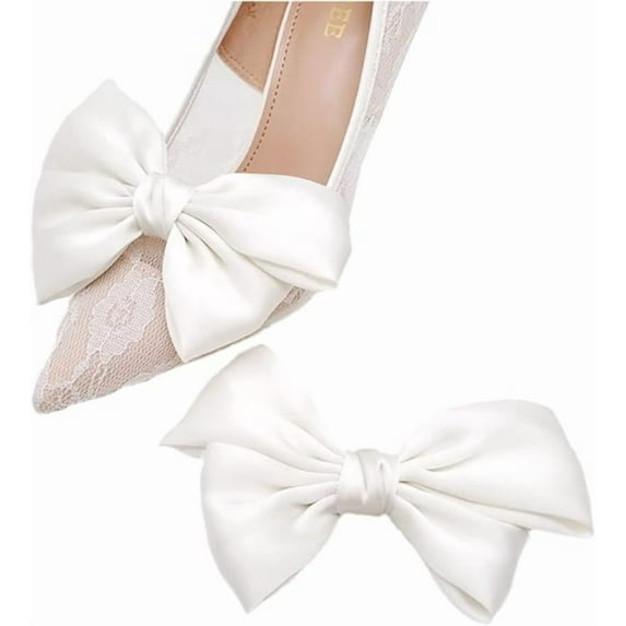 2 PCS Satin Bow Shoe Clips - Dots Solid Color Removable Elegant Wedding Party Shoe Buckle Bag Clothing Hair Accessories for Women Girl,Creamy white