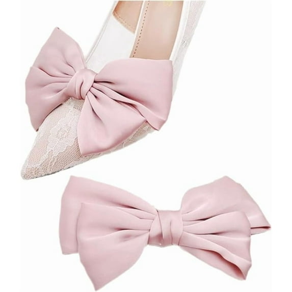 2 PCS Satin Bow Shoe Clips - Dots Solid Color Removable Elegant Wedding Party Shoe Buckle Bag Clothing Hair Accessories for Women Girl,Pink