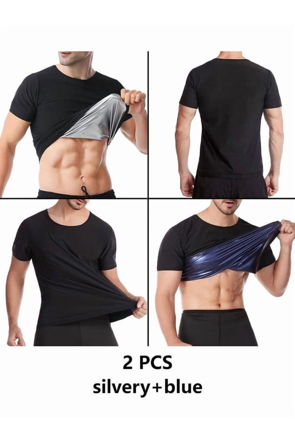 2 PCS Sauna Shirt for Men Short Sleeve Mens Sauna Suit Sweat Body Shaper Compression Vest Gym Exercise Top