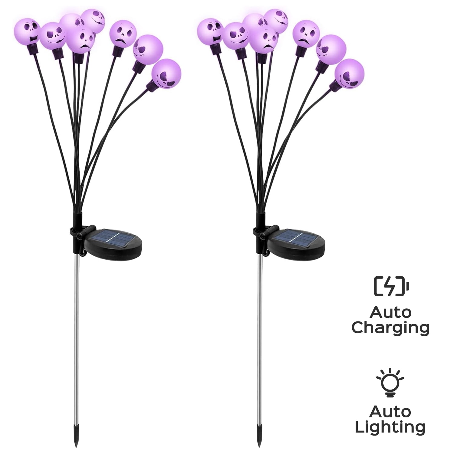 2 PCS Scary Skull Solar Garden Lights Decorations Outdoor, Swaying Firefly with 12LED Purple Spooky Lights - Waterproof