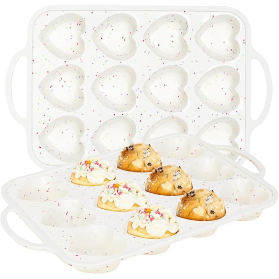 2 PCS Silicone Heart Shaped Cake Pans, Reusable Non-stick Baking Mini Flan Molds, 12 Cup Nonstick Baking Mold, Specialty & Novelty Cake Pans for Muffins, Cupcakes, Egg Bites, Mini Cakes