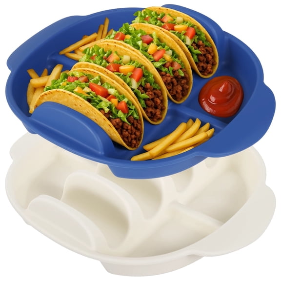 2 PCS Silicone Taco Plates with Handles, 3-Slot Reusable Taco Tray with Side Compartments for Sauce & Snacks, Large Taco Serving Holders for Taco Tuesday, Microwave & Dishwasher Safe