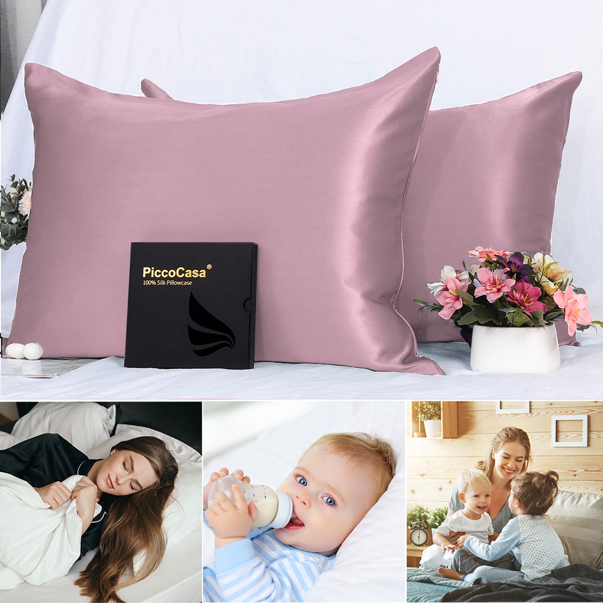 PiccoCasa 2 PCS Silk Pillowcase For Skin And Hair Silk Pillow Case Both Side Silk With Hidden Zipper King Mauve