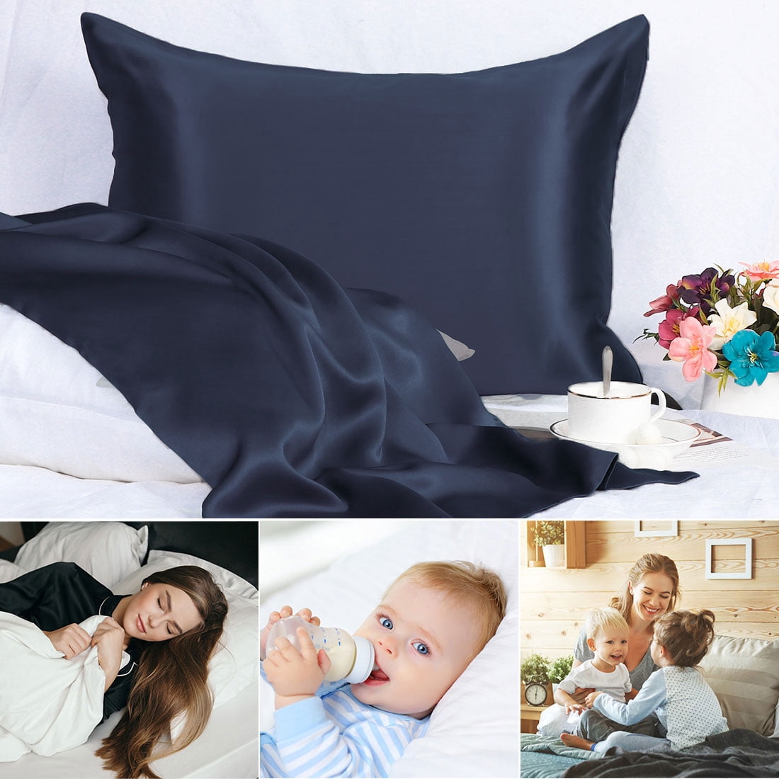 PiccoCasa 2 PCS Silk Pillowcase For Skin And Hair Silk Pillow Case Both Side Silk With Hidden Zipper Non-Standard Navy