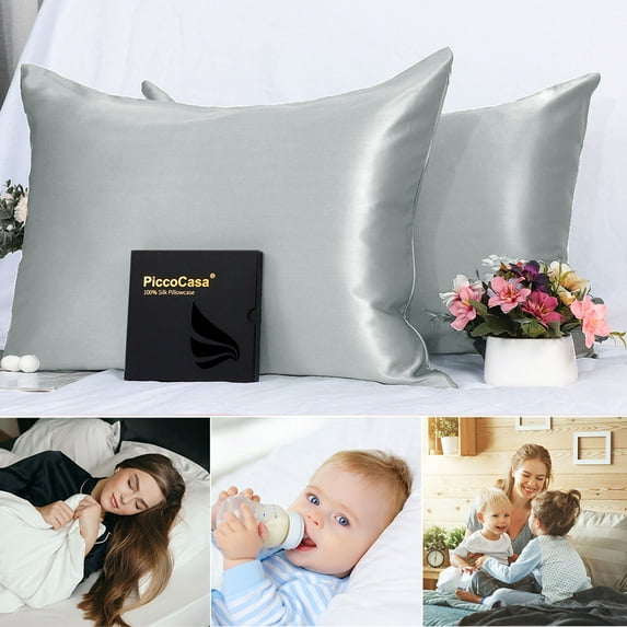 PiccoCasa 2 PCS Silk Pillowcase For Skin And Hair Silk Pillow Case Both Side Silk With Hidden Zipper Queen Grey