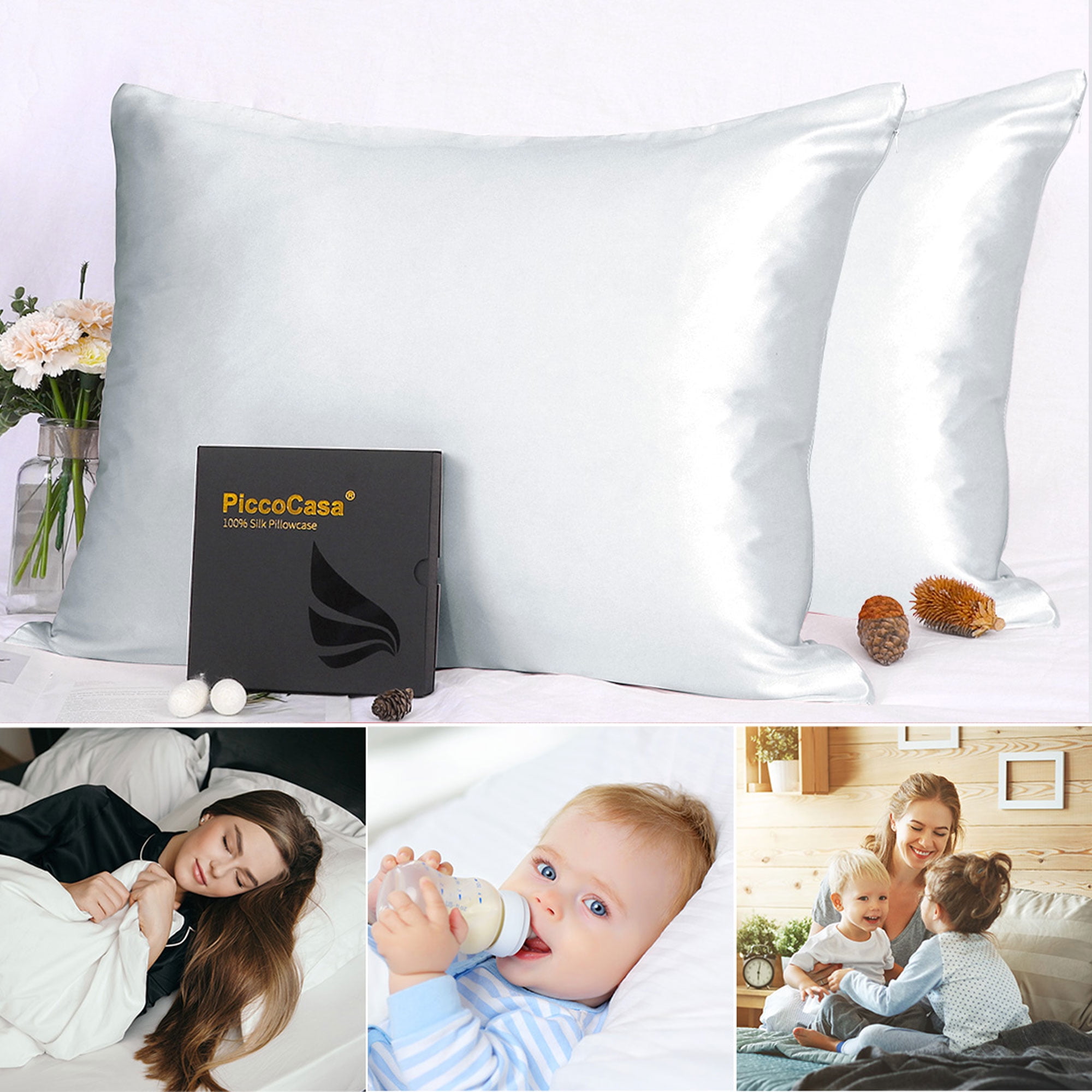 PiccoCasa 2 PCS Silk Pillowcase For Skin And Hair Silk Pillow Case Both Side Silk With Hidden Zipper Queen Silver Grey