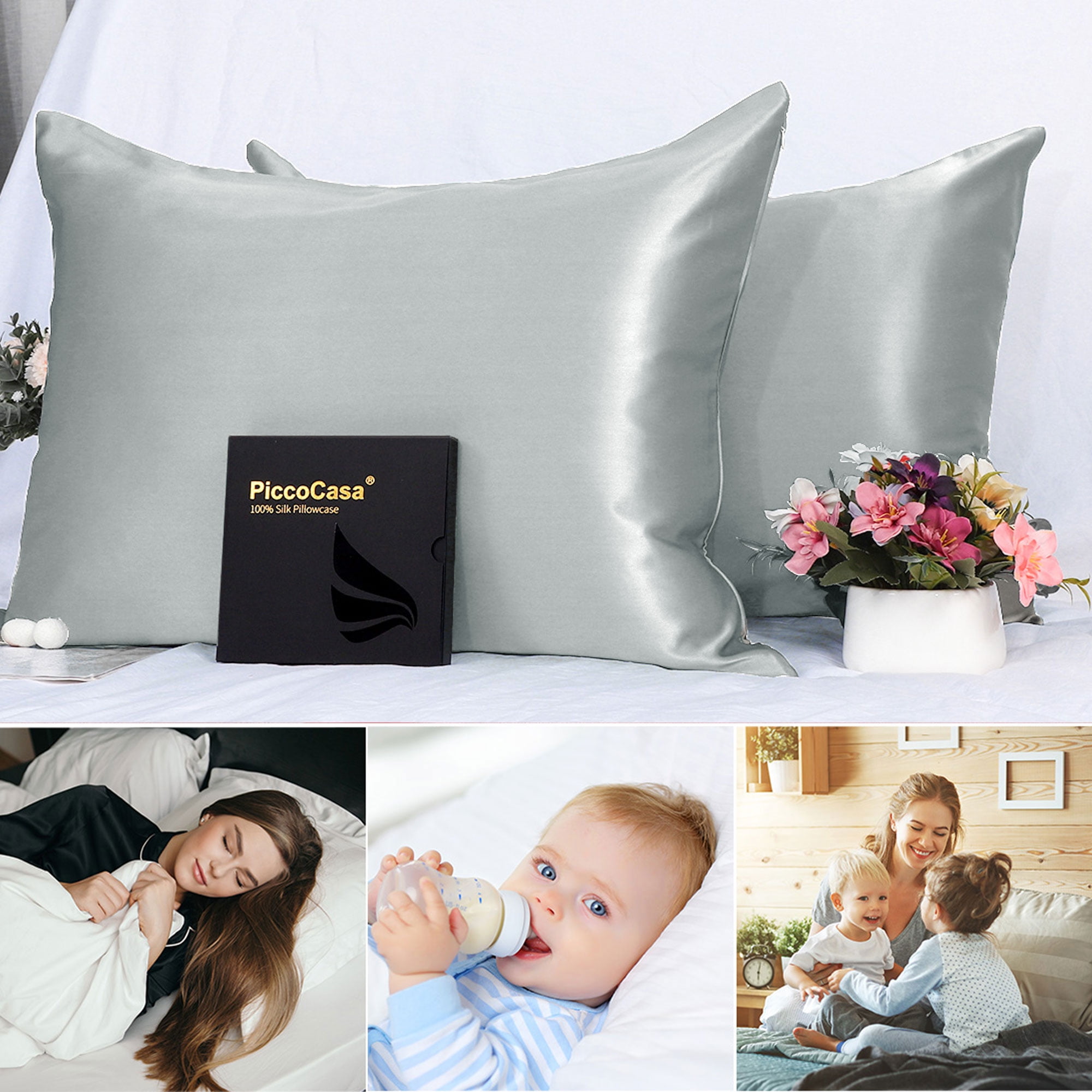 PiccoCasa 2 PCS Silk Pillowcase For Skin And Hair Silk Pillow Case Both Side Silk With Hidden Zipper Standard Grey