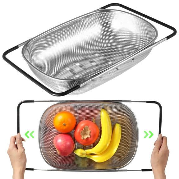 2 PCS Over the Sink Colanders, Extendable Kitchen Sink Strainer, Stainless Steel Over the Sink Drain Basket, Kitchen Mesh Strainer with Adjustable Handles, Vegetable Fruit Pasta Strainer