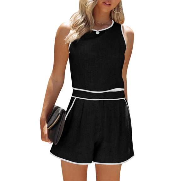 Summer Women 2 Piece Outfits Color Block Sleeveless Tops and Shorts Sets