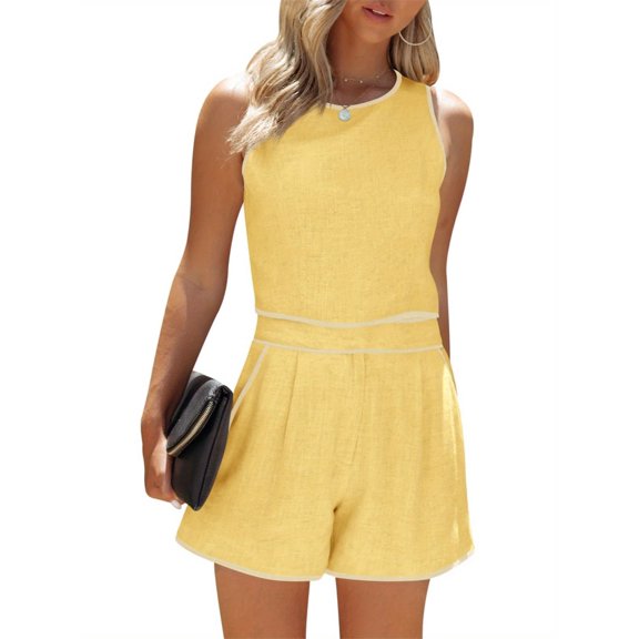 Summer Women 2 Piece Outfits Color Block Sleeveless Tops and Shorts Sets