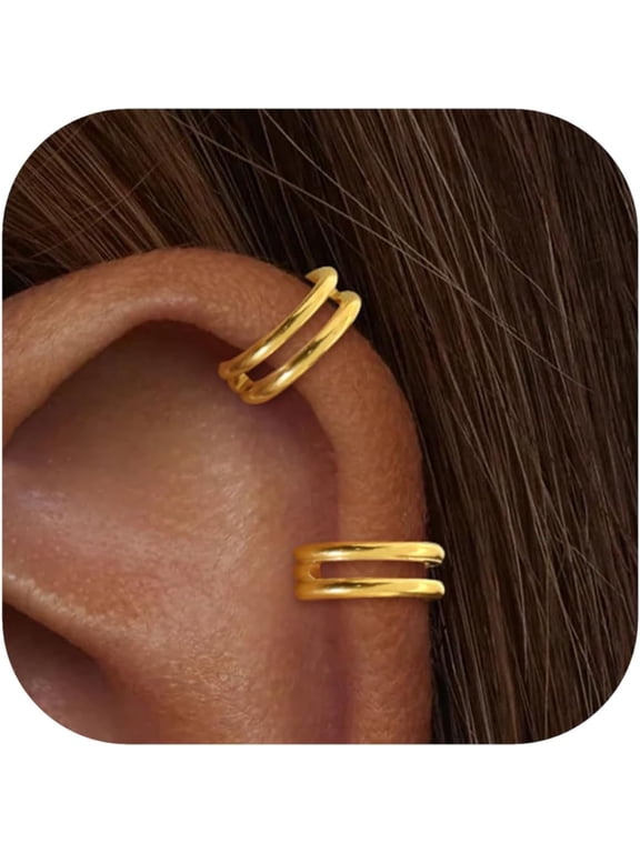 2 PCS Small Cartilage Double-Hoop Helix Conch Piercing Earrings With Cubic Zirconia For Women Trendy 14K Gold Plated Titanium Surgical Stainless Steel Sets Jewelry