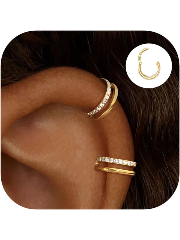 2 PCS Small Cartilage Double-Hoop Helix Conch Piercing Earrings With Cubic Zirconia For Women Trendy 14K Gold Plated Titanium Surgical Stainless Steel Sets Jewelry