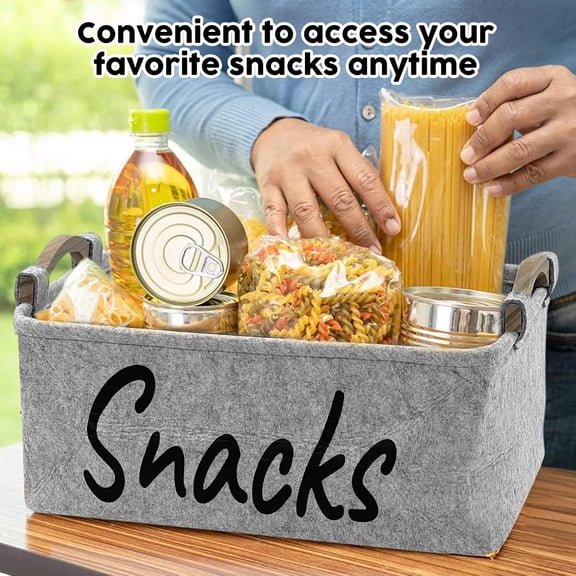 2 PCS Snack Bin Organizer for Pantry, Snack Basket Organizer for Countertop with Wooden Handles Thickened Felt Snack Storage Containers for Storing Chips Pretzels Cookies Popcorn and More