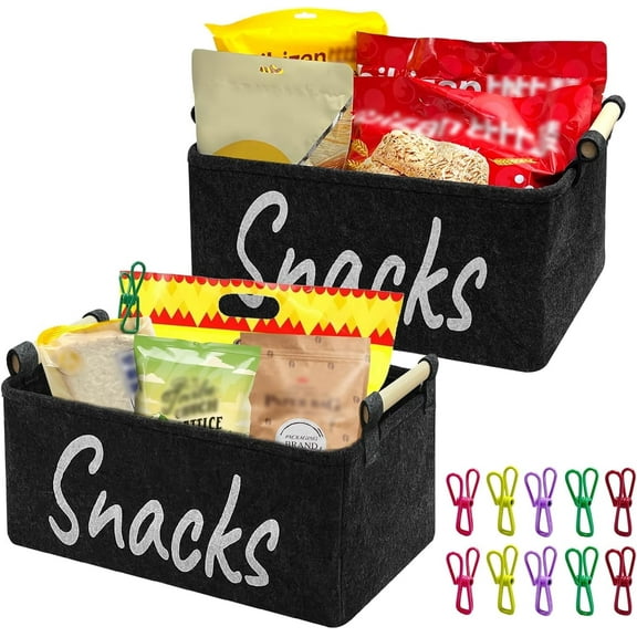 2 PCS Snack Bin for Pantry,Snack Basket Organizer for Countertop with 10 Chip Clips ,Snack Storage Containers for Storing Chips, Pretzels, Cookies, Popcorn and more