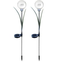 2 PCS Solar Flower Lights Outdoor, Waterproof Solar Ball Lights with Leaves, Stainless Steel 70 CM Garden Stakes, Warm Light for Pathway and Lawn Decoration