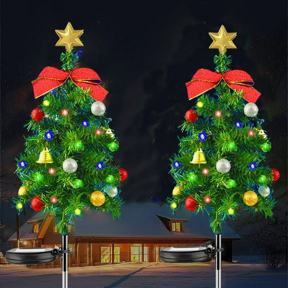 2 PCS Solar Mini Christmas Tree Light Outdoor Decoration Light Up 8-12 H, 26.7 Inch Solar Tree Lights Decorated Prelit Gift Boxes & Ornaments for Pathway Patio Yard Garden Home Decor