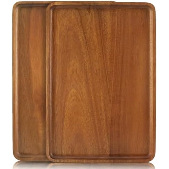 2 PCS Solid Acacia Wood Serving Trays 16 * 12 inch Rectangular Wooden Serving Platters Natural Wooden Boards for Bar Coffee Party