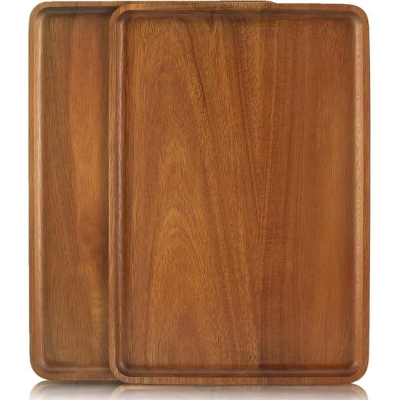 2 PCS Solid Acacia Wood Serving Trays 16 * 12 inch Rectangular Wooden Serving Platters Natural Wooden Boards for Bar Coffee Party