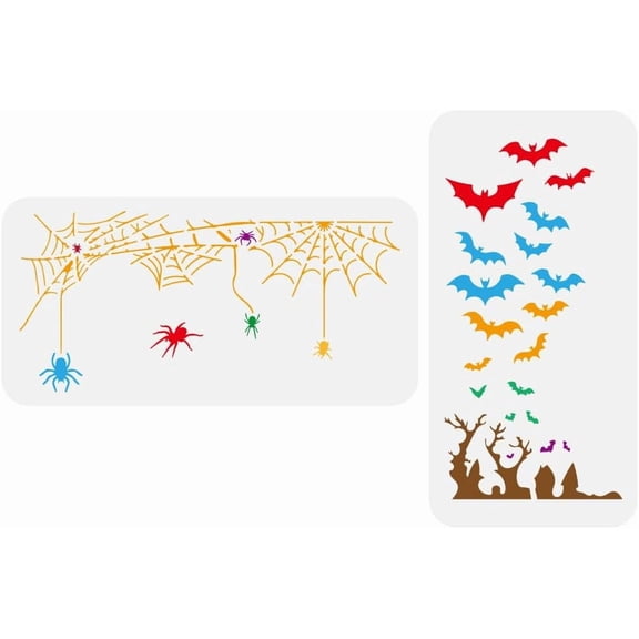 2 PCS Spider Web Border Stencils for Painting 5.9x11.8inch Decorative Spider Web Templates Bats Border Stencils Animal Trees Templates Theme Stencils for Home DecorMixed Color