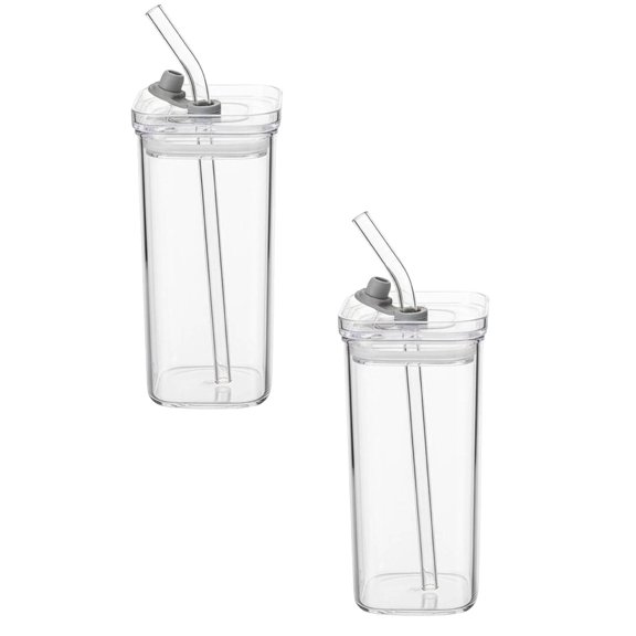 2 PCS Square Coffee Cups with Lids and StrawsTumblers 400ml/14ozReusable Heat Transparent Resistant Glass Tumble for Coffee Milk Tea JuiceGift for Family Friends