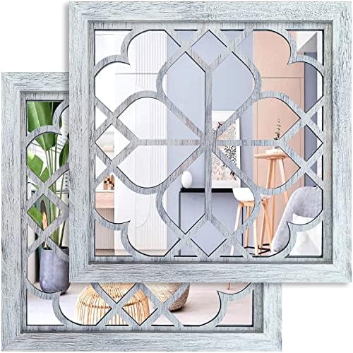 2 PCS Square Wall Mirror,Gorgeous Rustic Farmhouse Accent,Rustic White Color Entry for Bathroom Renovation,Bedrooms,Living Rooms and More(12”x12”)