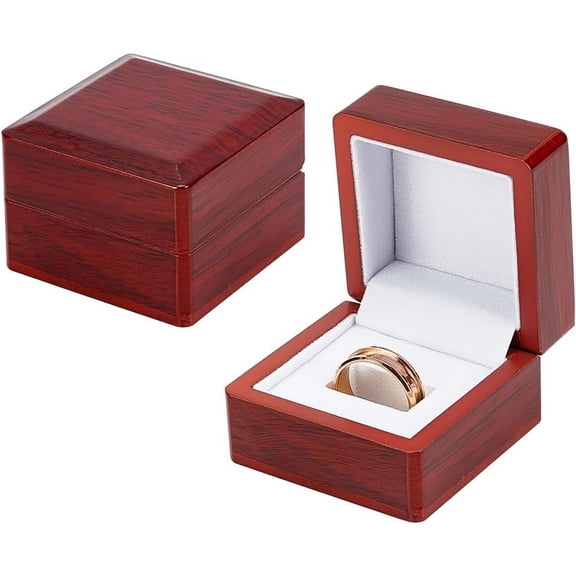 2 PCS Square Wooden Single Ring Display Box 2.55x2.55x1.81 Dark Red Championship Ring Display Case Wood Jewelry Ring Storage Box Wooden Display Gift Case for One Championship Ring for DIY