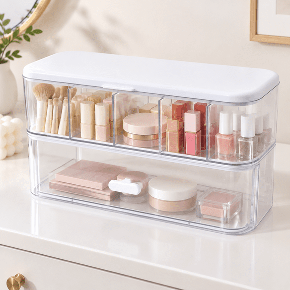 2 PCS Stackable Cable Organizer Storage Box, Desktop Cord Management Box for Chargers, Jewelry, Hair Ties, Cables, Desk Organizer with Drawer