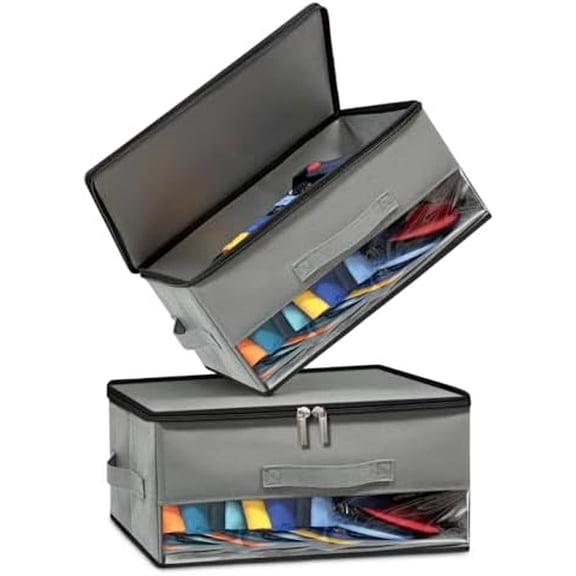 2 PCS Stackable Hat Storage for Baseball Caps, Space Saving Hat Organizer Box for Closet, with All Around Cardboard Support, Zipper Lid, Clear Window and 3 Handle, Each Holds 12 Hats, Grey