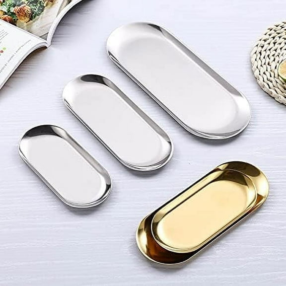 2 PCS Stainless Steel Jewelry Dish, DSIOHFEI 9 Inch Long Gold Decorative Tray for Bathroom Organizers and Storage, Metal Candle Tray, Small Serving Tray for Tea, Coffee, Dessert(Oval, Gold)
