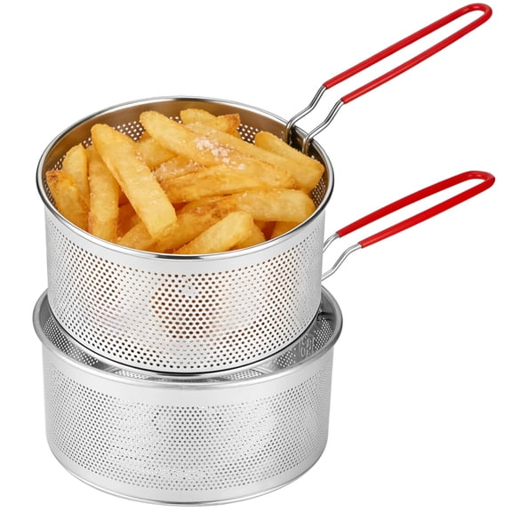 2 PCS Stainless Steel Pasta Strainer Baskets, 2 Sizes Metal Noodle Strainer with Detachable Anti-Scald Handle, Fine Perforated Fryer Basket for Cooking, Boiling, Draining, Frying, Steaming