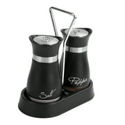 2 PCS - Stainless Steel and Glass Salt and Pepper Shaker Sets with Holder (BLACK)