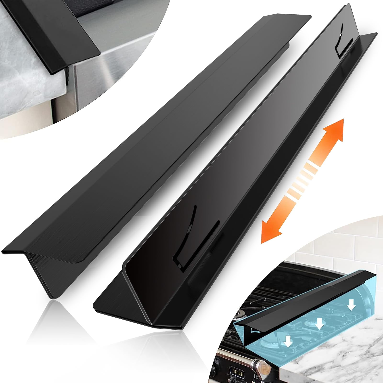 2 PCS Stainless steel Stove Gap Cover, Kitchen Counter Filler Strip,Easy Retractable Length 13.8"-27.5"， Cooktop Trim Kit，Oven Gap Filler，Heat Resistant Guard Between (Black)