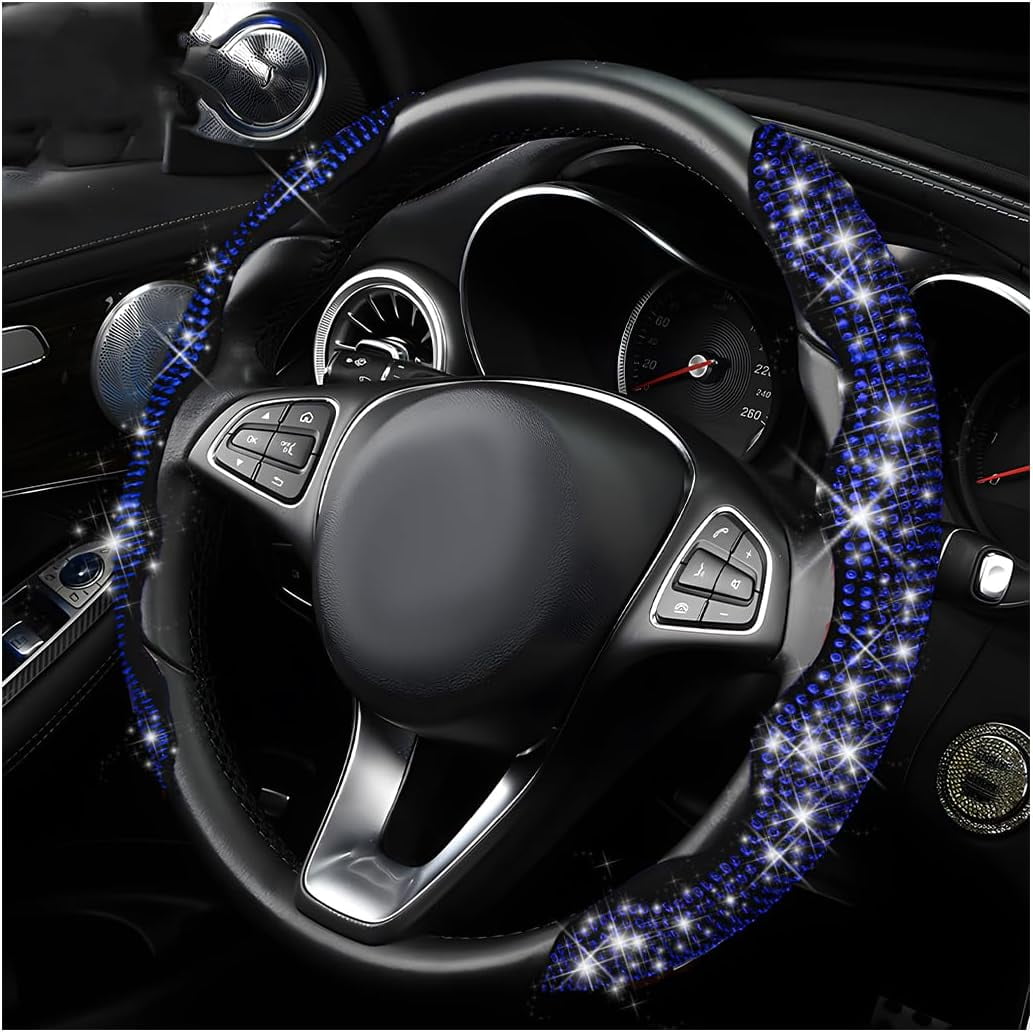2 PCS Steering Wheel Cover, 15 Inches Crystal Diamond Bling Cover for Auto Steering Wheels, Safety Non-Slip Universal Fit Sparkly Steering Wheel Cover, Car Accessories (Blue)