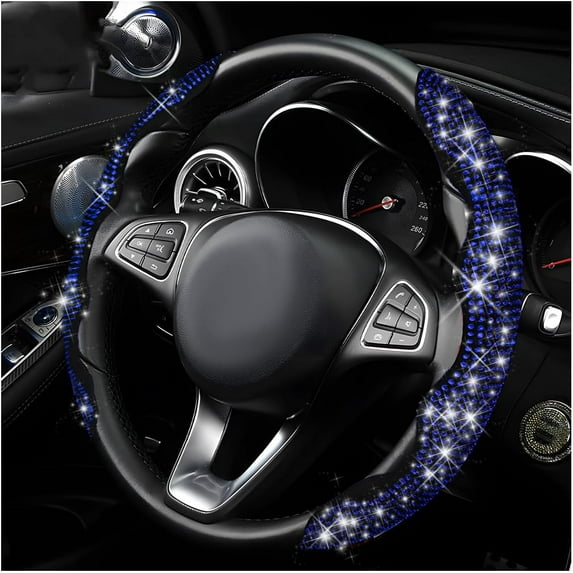 2 PCS Steering Wheel Cover, 15 Inches Crystal Diamond Bling Cover for Auto Steering Wheels, Safety Non-Slip Universal Fit Sparkly Steering Wheel Cover, Car Accessories (Blue)