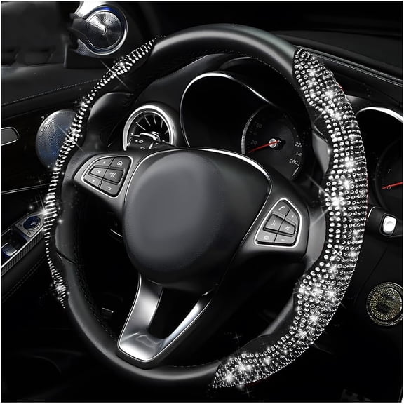 2 PCS Steering Wheel Cover, 15 Inches Crystal Diamond Bling Cover for Auto Steering Wheels, Safety Non-Slip Universal Fit Sparkly Steering Wheel Cover, Car Accessories (White)
