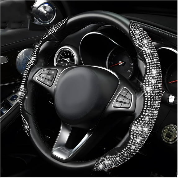 2 PCS Steering Wheel Cover, 15 Inches Crystal Diamond Bling Cover for Auto Steering Wheels, Safety Non-Slip Universal Fit Sparkly Steering Wheel Cover, Car Accessories (White)