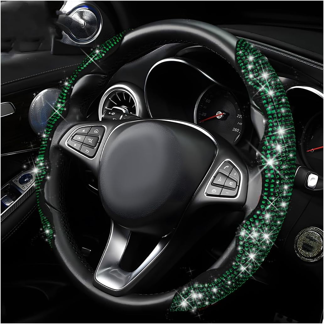 2 PCS Steering Wheel Cover, 15 Inches Crystal Diamond Bling Cover for Auto Steering Wheels, Safety Non-Slip Universal Fit Sparkly Steering Wheel Cover, Car Accessories (Green)