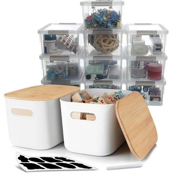 2 PCS Storage Bins with Bamboo Lids & 10 PCS 1.3 QT Small Plastic Storage Container Stackable Box for Organizing