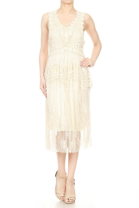 2 PCS Summer Womens Vintage Lace Gatsby 1920s Cocktail Dress with Crochet Vest