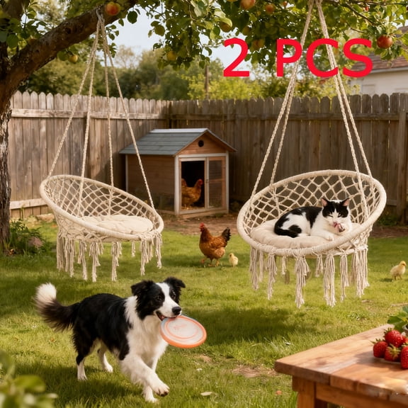 2 PCS Swing Hammock Chair, Hammock Chair Macrame Swing with Medium Cushion, Hammock Chair for Outside, Porch, Bedroom, Family Use
