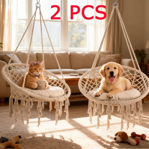 2 PCS Swing Hammock Chair, Handmade Knitted Hanging Chair with Comfy Cushion, Hanging Cotton Rope Hammock Swing Chair for Yard, Bedroom, Porch