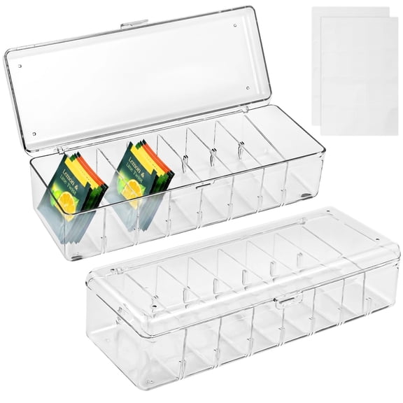 2-Pack Tea Bag Organizers  8-Slot Clear Plastic Holder with Lid, Drink Packet Storage Bin, Label Stickers & Zip Ties Included, for Kitchen Pantry, Coffee Station & Office