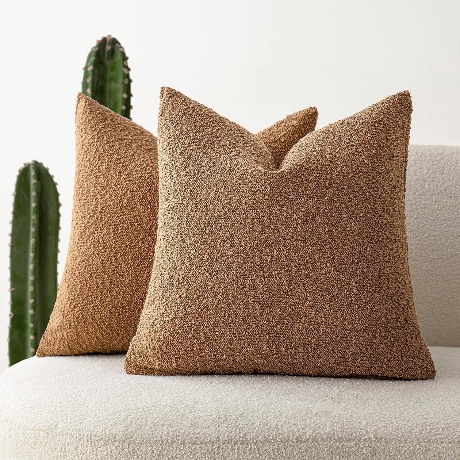Camel Boucle 18"x18" Textured Throw Pillow Covers, Set of 2