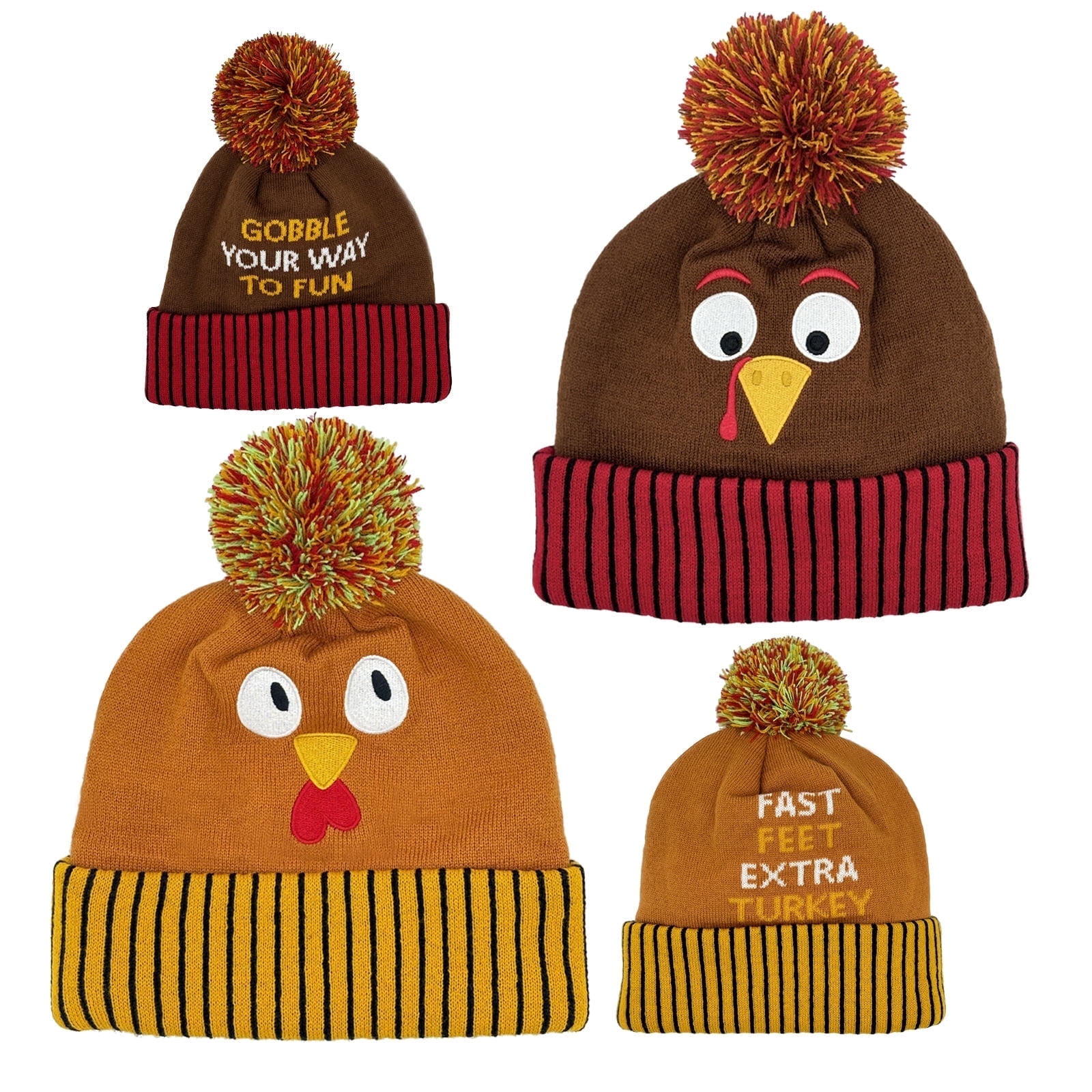 2 PCS Thanksgiving Day Turkey Pom Pom Beanie Hats, Turkey Trots Party Dress Up, Carnival Cosplay, Thanksgiving Party Favor Gift Supplies & Accessories