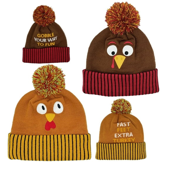 2 PCS Thanksgiving Day Turkey Pom Pom Beanie Hats, Turkey Trots Party Dress Up, Carnival Cosplay, Thanksgiving Party Favor Gift Supplies & Accessories