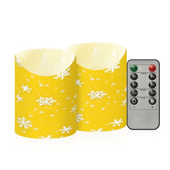 2 PCS Tilted Flameless Candles Flickering LED Lights Battery Operated Candles with Remote Timers for Holiday Decor Yellow Background with White Snowflakes