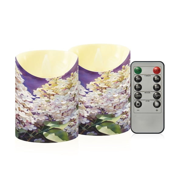 2 PCS Tilted Flameless Candles Flickering LED Lights Battery Operated Candles with Remote Timers for Holiday Decor A Cluster Of Lilac Flowers